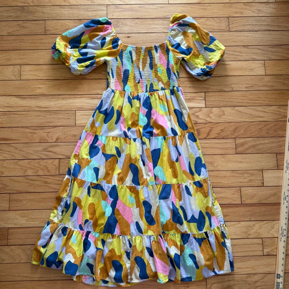 THML Yellow Multi Abstract Smocked Puff Sleeve Maxi Dress Boho Large